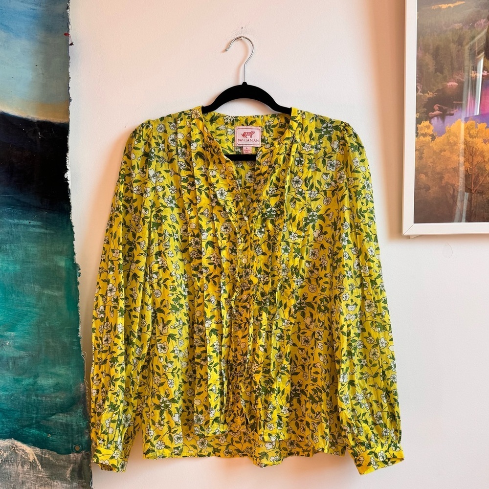 Banjanan Yellow Floral Print Crew Neck Ruffle Blouse Large